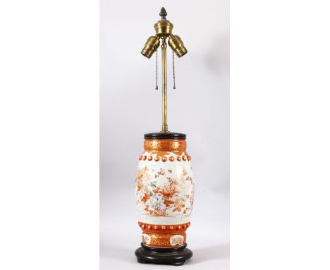 A JAPANESE MEIJI PERIOD KUTANI PORCELAIN VASE / LAMP - decorated with native flora and birds with raised stud bosses, mounted