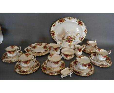 A Royal Albert Old Country Roses Tea Service comprising cups, saucers, side plates, teapot and cake plate 