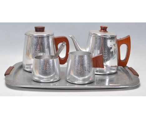 A retro mid century Sona stainless steel Coffee &amp; Tea service complete with tray having teapot, coffee pot, sugar bowl an