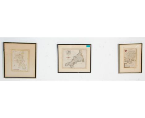 A group of three vintage framed and glazed coloured engraved maps to include Hampshire, Buckinghamshire and Cornwall.&nbsp; &