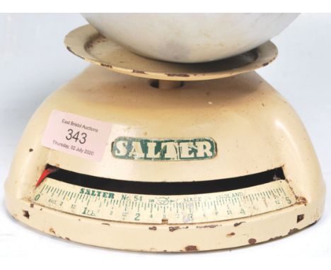 Two sets of vintage retro Salter shop scales both having cream enamels with green lettering, complete with original bowls tog
