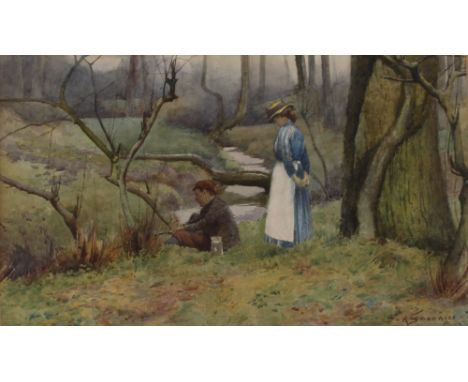 M. Swanwick, study of a couple fishing on a riverbank, signed watercolour 24cm x 40cm&nbsp;