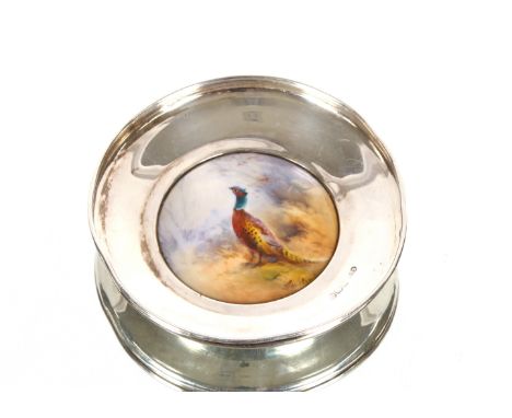 A silver mounted Royal Worcester pin dish with hand painted pheasant design, artists signature "Jas Stinton" the silver Hallm
