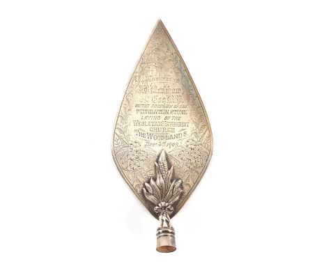 A silver presentation trowel, London 1877, and a silver Stilton scoop London 1891