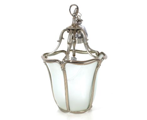 A chrome and opaque glass Victorian design ceiling light, 58cm high overall (one glass panel AF)
