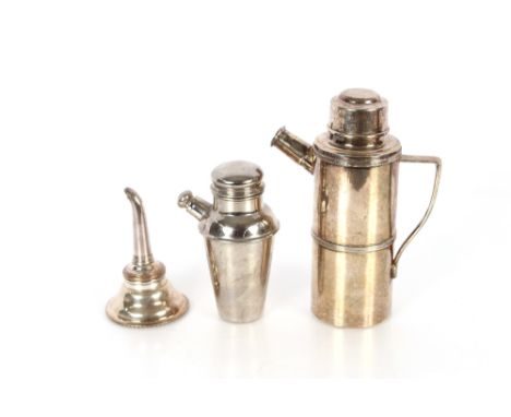 An Art Deco period plated side pouring cocktail shaker by Mappin &amp; Webb; a smaller modern Indian example; and a plate on 