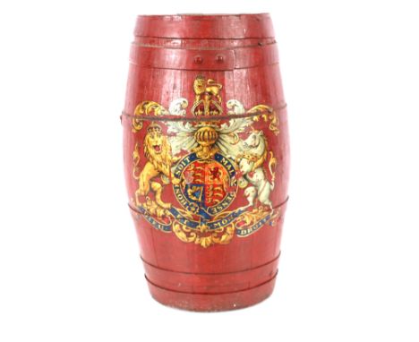 A red painted coopered spirit barrel stick stand, decorated Royal cipher, 54cm high 