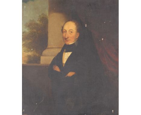 An early 19th Century English school portrait study of a gentleman, with country house pillar and garden beyond, unsigned oil