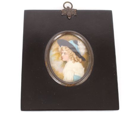 Two 19th Century hand painted miniatures of young ladies in typical papier m&acirc;ch&eacute; frames, the reverse to one stat