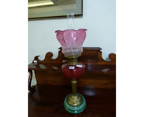 Victorian Oil Lamp with Cranberry Shade