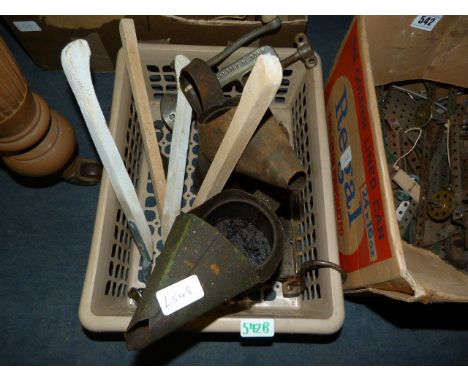 Box Containing Old Oil Cans, Pine Tongs, Scales etc