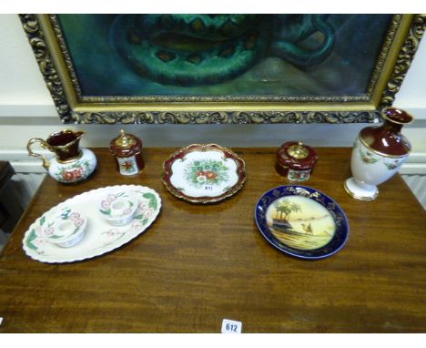 5 Pieces of Hand Painted Pottery - Maling Ware Trinket Set etc