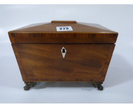 Mahogany Inlaid Tea Caddy on Brass Bun Feet