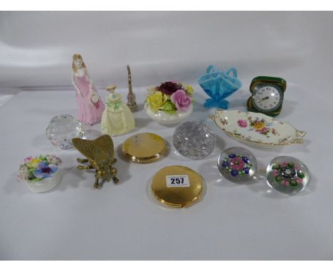 Tray consisting of Royal Cranberry Trinket Dish - Swarovski Crystal Paperweights - Coalport Figures etc