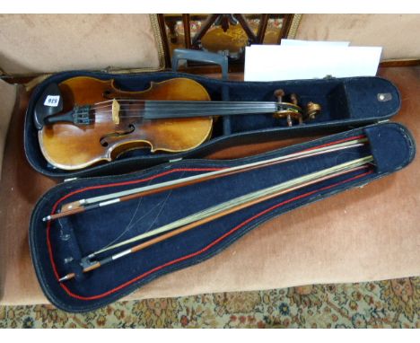 Cased Violin Bearing a Stradivarius Label Being a German Copy Circa 1900 with 2 Bows
