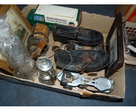 Box Containing Vintage Ice Skates, Lamps, Prints etc  