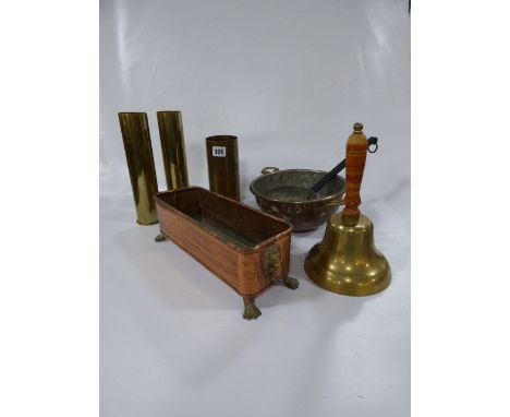 3 Brass Shells - Copper Planter - School Bell etc