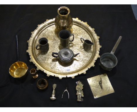 Large Heavy Brass Platter - Brass Vase - Sundial - Pans & Various Pewter Items