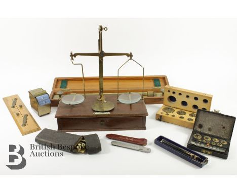 Box of scientific equipment, includes R B Bate Mathematical Instruments Maker in case, Waterman's Ideal Fountain Pen with ins