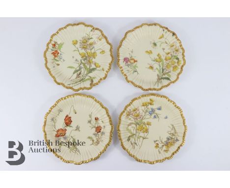 Royal Worcester four cabinet plates, hand painted with floral spray, puce factory mark, circa 1891 21 cms diameter together w