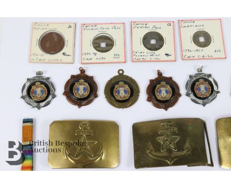 Three Soviet Army belt buckles, Imperial General Service medal of Topographical Draughtsman Higher Grade, boxed; miscellaneou