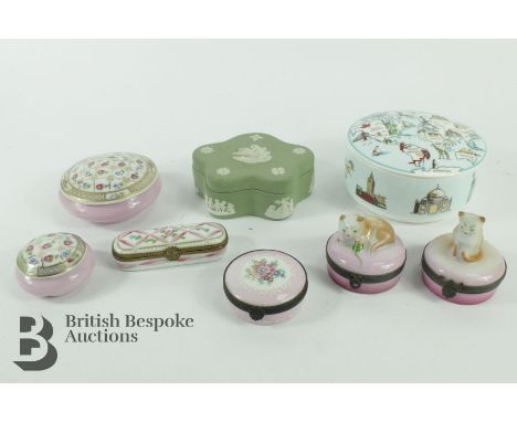 Limoges trinket dishes, enamel toothpick box painted with garland and roses; four Limoges Castel trinket boxes; Tiffany &amp;