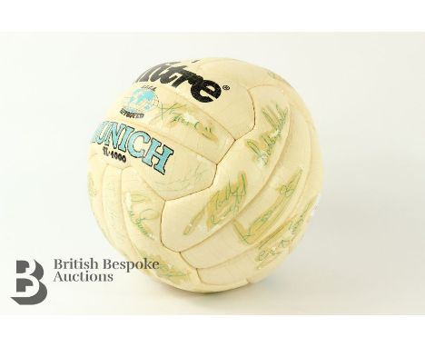 A vintage football signed by members of the England football squad circa 1985-90, includes autographs by Bryan Robson, Bobby 