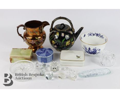 Miscellaneous porcelain and glass, including a Spode Copelands Bowpot bowl approx 15 x 9.5 cms; black tea pot painted with fl