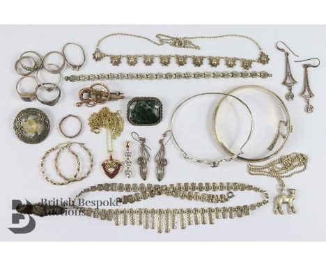 Miscellaneous silver jewellery, including an amethyst silver bangle, earrings, silver-gilt white stone pendant and chain, sil