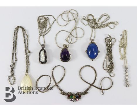 Miscellaneous silver necklaces, including a silver mother of pearl pendant and chain, silver and amethyst and chain, silver a