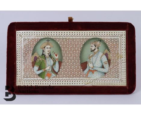 Two finely painted 19th century Mughal portrait miniatures, depicting a Maharajah and his consort, each portrait measures app