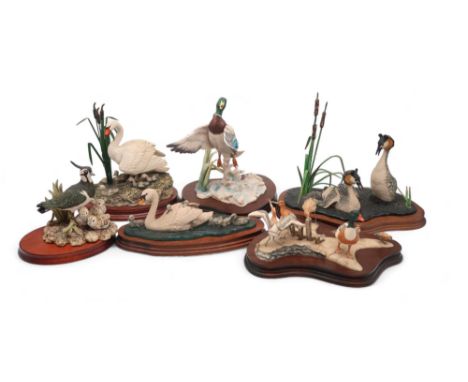 A collection of Border Fine Arts bird sculptures including a wading group of Sanderling, Curlew, Shell duck and others by R T