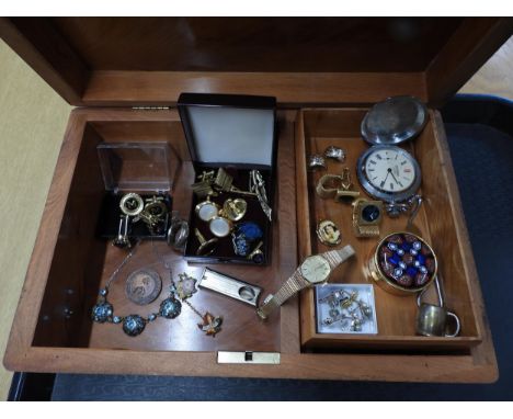 An inlaid wooden jewellery box, with vintage cufflinks, a heavy silver band ring, a Sekonda pocket watch and ladies watch, en