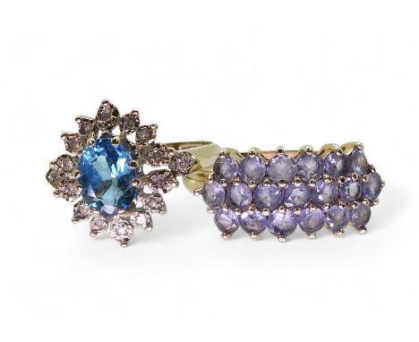 A 9ct blue topaz and&nbsp; diamond ring, size R, together with a 10k gold tanzanite cluster ring, size X, weight combined 7.3