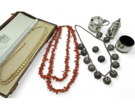 A coral fringe necklace, filigree ball necklace, Asprey &amp; Co silver cruet set and other items Condition Report:No conditi