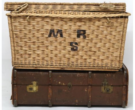 A lot comprising 19th century wicker laundry hamper, 50cm high x 91cm wide x 61cm deep and a wood bound travel trunk, 32cm hi