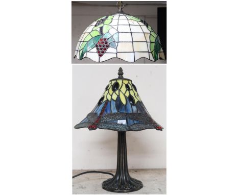 A lot comprising contemporary Tiffany style table lamp with leaded stained glass shade decorated with dragonflies and a Tiffa