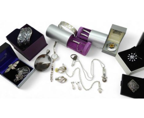 A silver bangle with a pattern of matt &amp; shiny squares, with matching earrings and a pendant, a silver watch with mother 