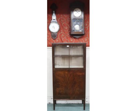 A lot comprising early 20th century glazed cabinet, 145cm high x 68cm wide x 32cm deep, an oak aneroid barometer/thermometer 