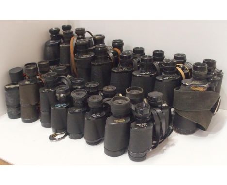 A large quantity of vintage binoculars, with manufacturers including Frank-Nipole, Regent, Hanimex, Minolta, Ross of London, 