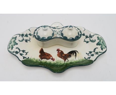 A Wemyss ware double inkwell painted with a brown cockerel and hen, impressed marks to base, 26cm long Condition Report:Has a