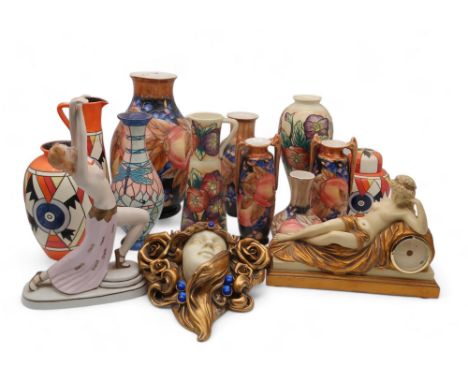A collection of Old Tupton Ware vases in the Moorcroft and Clarice Cliff style, together with a resin Art Nouveau maiden's he