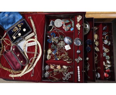 A red velvet jewellery box full of vintage costume to include, vintage gold plated studs in boxes, two silver jubilee ingot p