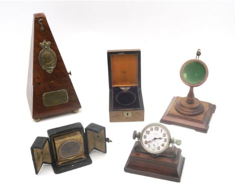 A desk timepiece by James Weir of Glasgow, a burr-veneered pocket watch box, baluster watch stand, miniature clock case and a