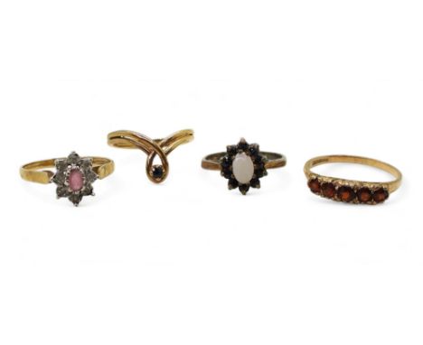 Three 9ct gold rings, ruby and diamond accent M1/2, garnet five stone, size O, sapphire size L, and a silver opal and sapphir