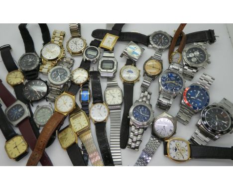 A collection of wrist watches to include Paul Jobin, Timex moon phase, Marvin Revue, Seiko, Avia and some replicas Condition 