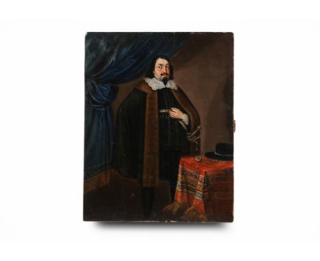 16th Century oil laid down on panel, portrait of a well dressed gentleman standing before a blue drape, dressed in velvet wit