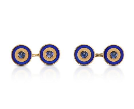 A pair of vintage Cartier-style 18ct yellow gold sapphire and enamel cufflinks. The cufflinks measuring approx. 14mm, set wit