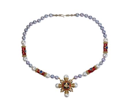 Elizabeth Gage MBE - 18ct yellow gold diamond, enamel and pearl necklace. The necklace set with twenty-eight grey pearls appr