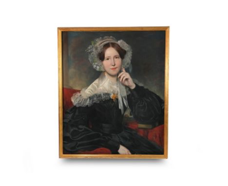 19th Century English school oil on canvas, half length portrait of a young woman, entitled Maria Hudson daughter of Thomas Sa